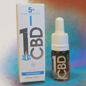 "Image showing the 1CBD 5% Pure Hemp 250mg CBD Oil Lite Edition in a 5ml dropper bottle, packaged in a white box with blue and black text that reads 'Full Spectrum CBD Oil' and 'Food Supplement.'"