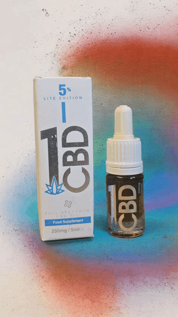 "Image showing the 1CBD 5% Pure Hemp 250mg CBD Oil Lite Edition in a 5ml dropper bottle, packaged in a white box with blue and black text that reads 'Full Spectrum CBD Oil' and 'Food Supplement.'"