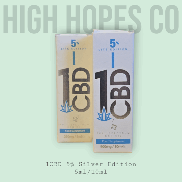 "Image of 1CBD 5% Pure Hemp 250mg CBD Oil Lite Edition in a 5ml bottle with clean, modern packaging. Displays High Hopes Co logo with clear labelling of its vegan and THC-free 5% CBD formula for everyday use."