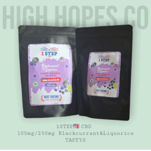 "Close-up image of two black packages for 1STEP CBD Blackcurrant & Liquorice Taffy Grab Bag. The packaging displays details like '250mg Full Spectrum CBD,' '10mg per Piece,' and features the HIGH HOPES CO logo, emphasising the product’s premium CBD-infused sweets."
