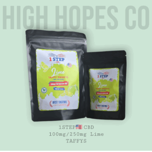 "Image displaying two packages of 1 Step CBD Lime Taffy Sweets. The larger pack contains 250mg of full spectrum CBD, with each taffy delivering around 10mg, while the smaller pack details a 100mg version. Both packages feature a predominantly black design with vibrant lime green accents and clear labelling, including '1 STEP CBD Lime Taffy Sweets CBD Infused' and the 'HIGH HOPES CO' logo."